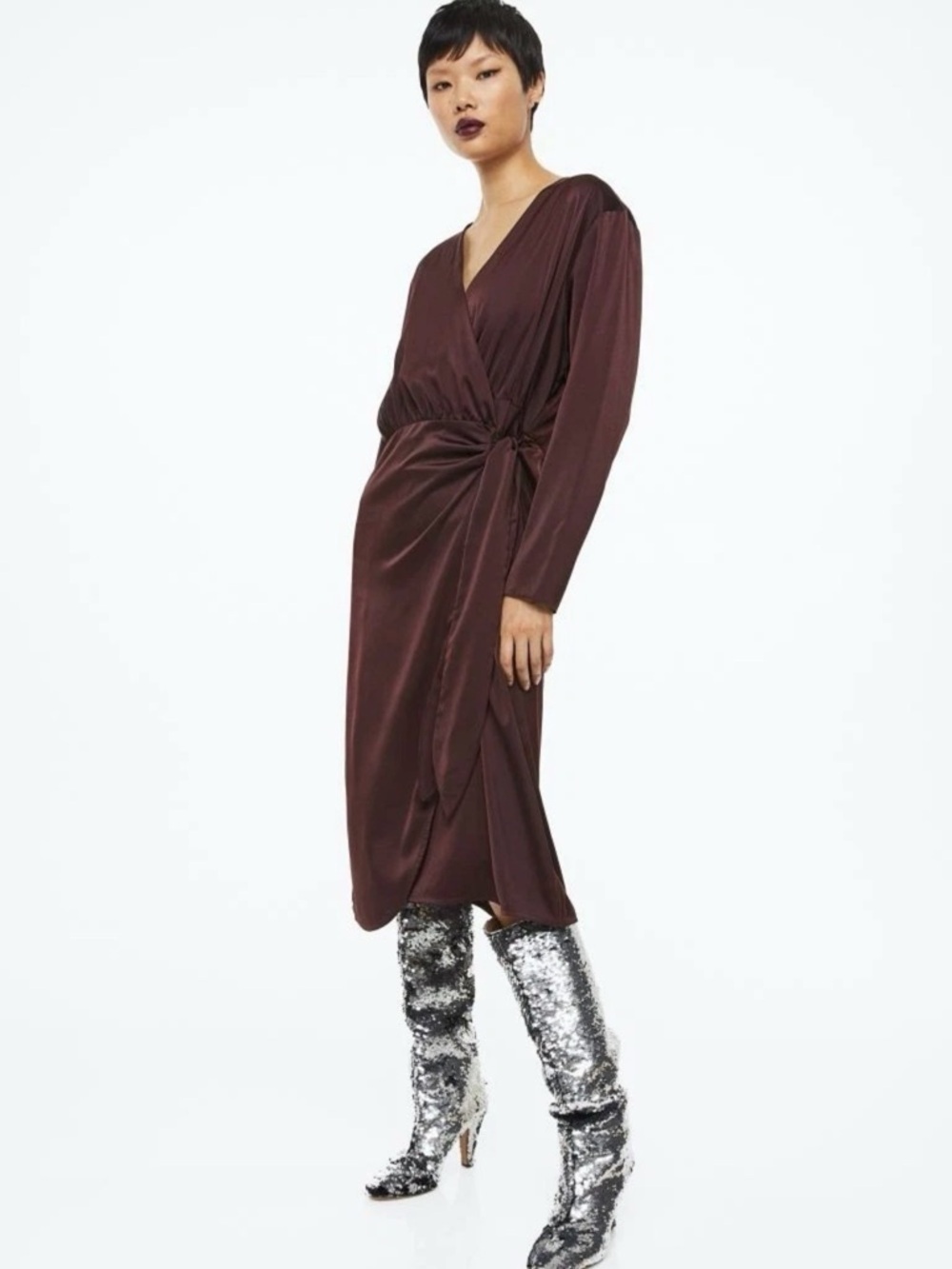 NWT H&M Women’s Burgundy Party Satin Wrap Front Midi Dress Size Medium - Picture 1 of 10